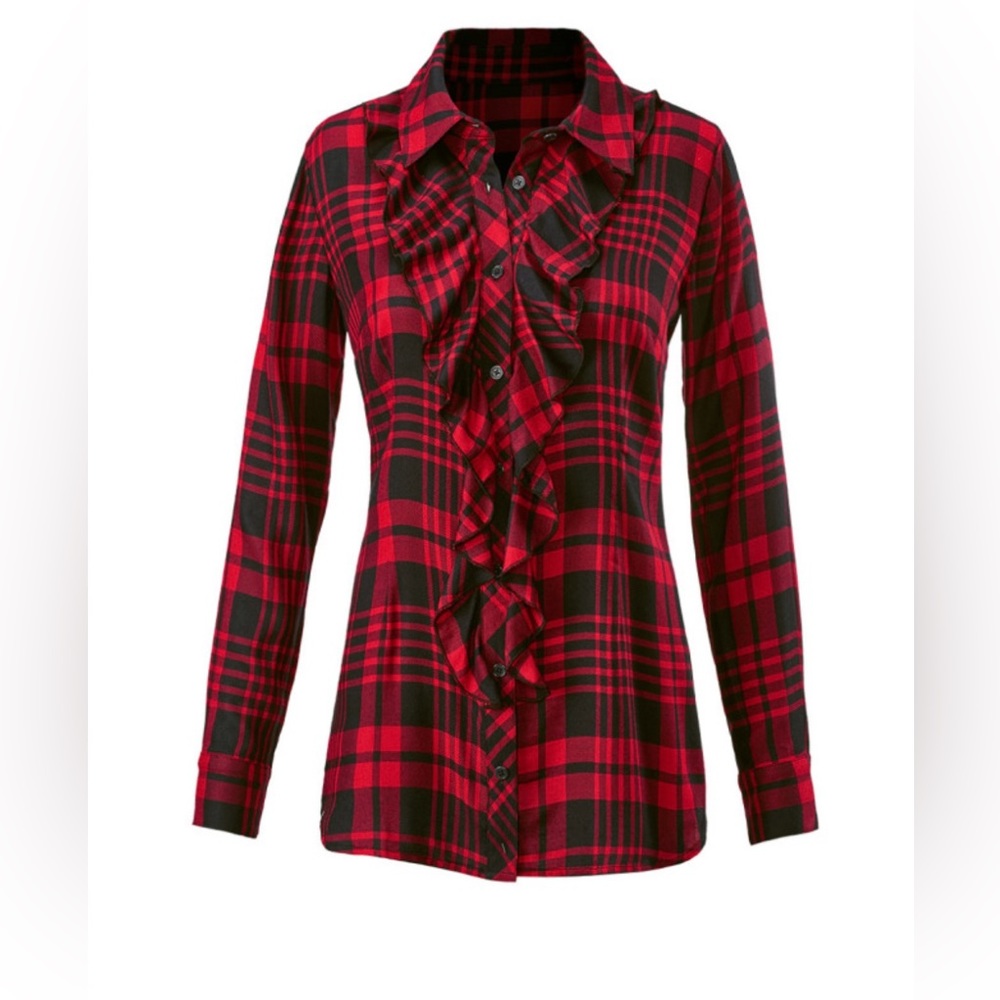CABI Lodge shirt, plaid ruffle blouse, great condition